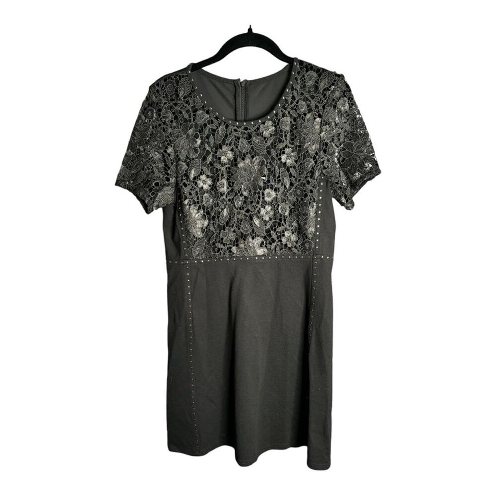 French Connection Black Short Sleeve Dress With Lace Top & Stud Detailing 10